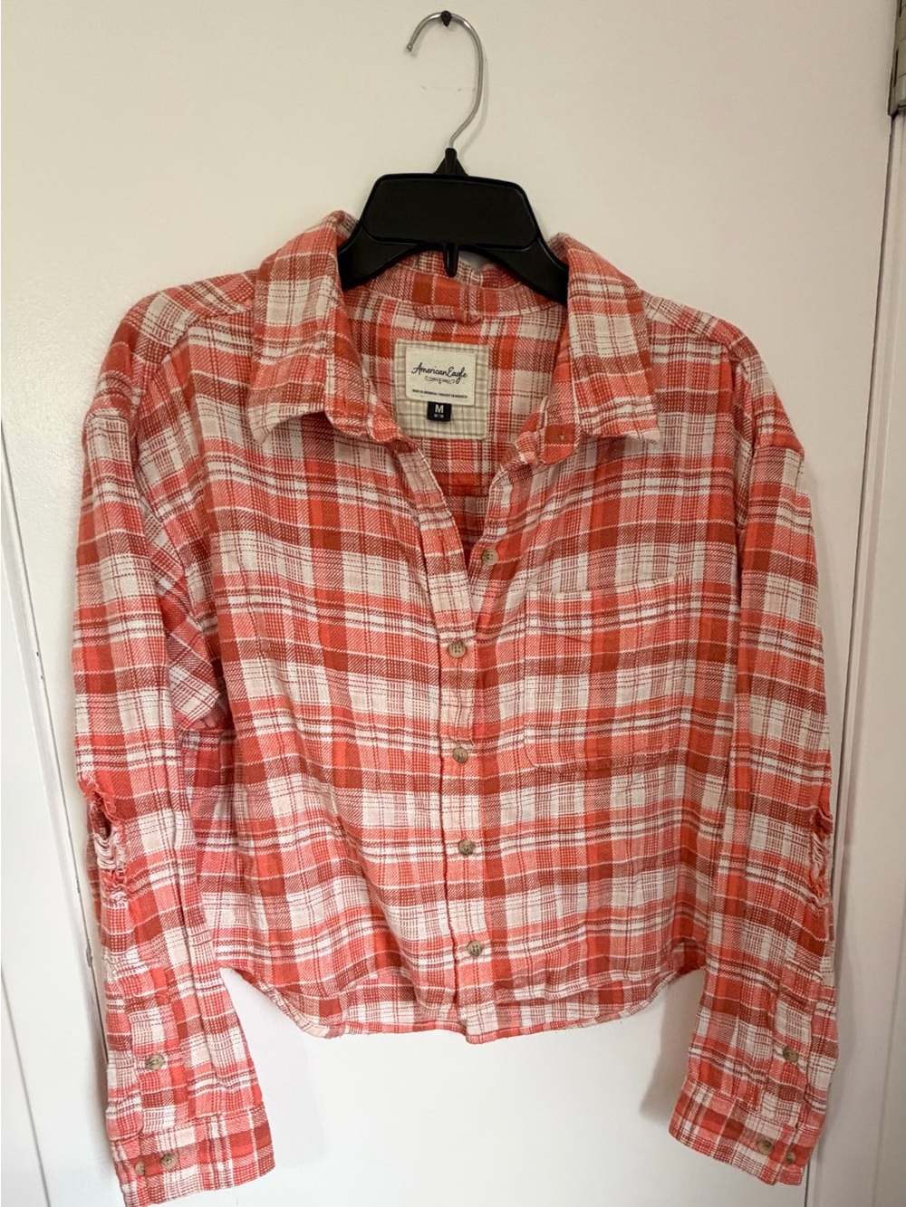 American Eagle Outfitters Orange and White Plaid Button-Down Shirt